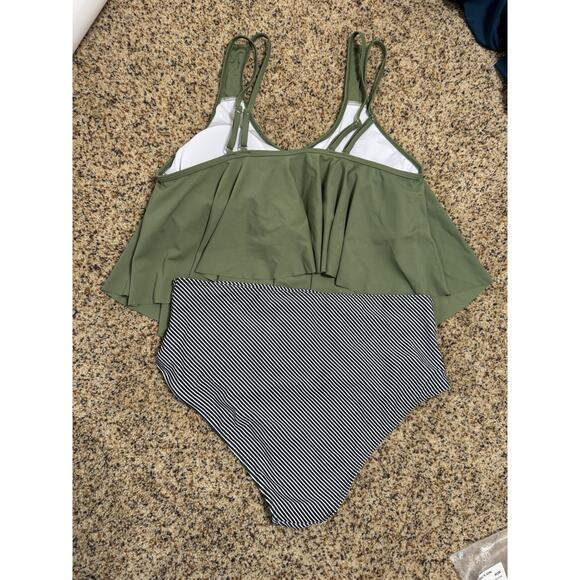 OMKAGI Womens Ruffle Tankini Swimsuit High Waist Striped Bottoms‎ Swimwear XXL - Picture 3 of 11